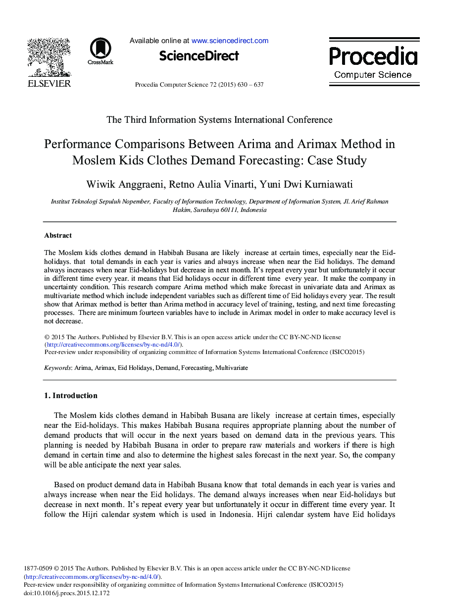 Performance Comparisons between Arima and Arimax Method in Moslem Kids Clothes Demand Forecasting: Case Study 