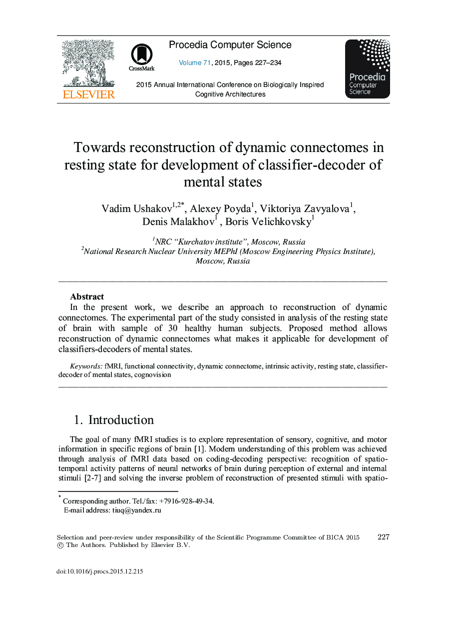Towards Reconstruction of Dynamic Connectomes in Resting State for Development of Classifier-Decoder of Mental States 