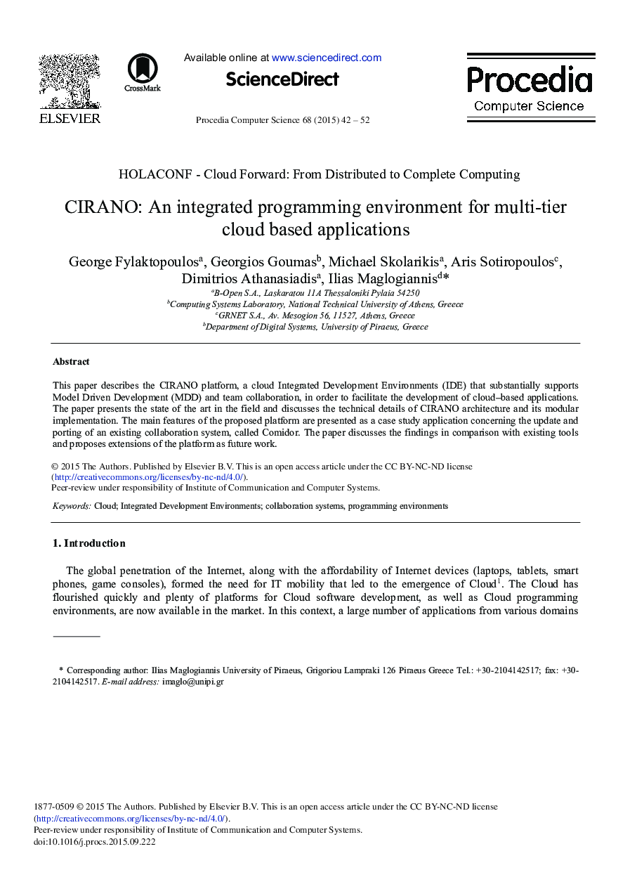 CIRANO: An Integrated Programming Environment for Multi-tier Cloud Based Applications 