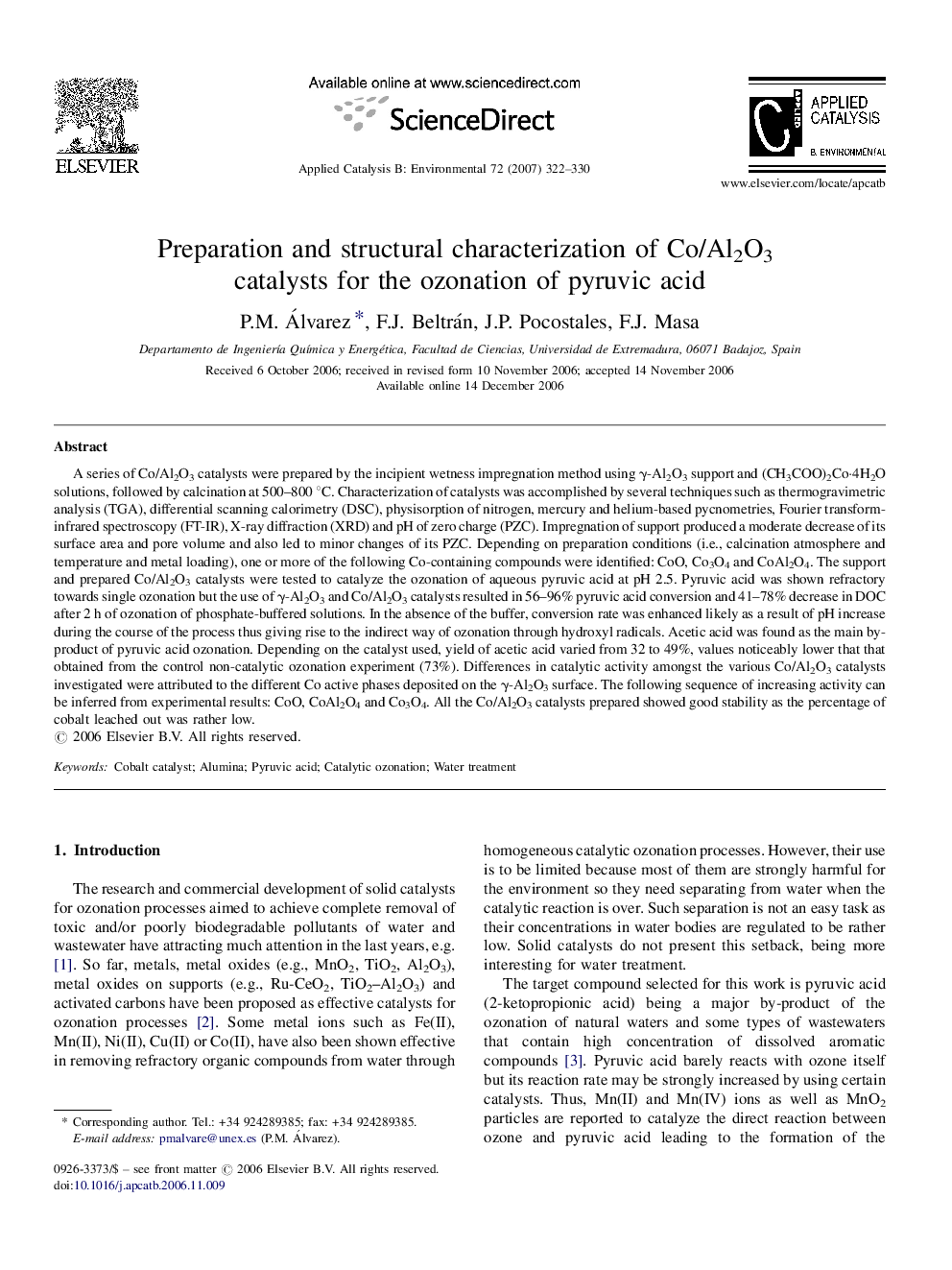 عکس صفحه اول مقاله: Preparation and structural characterization of Co/Al2O3 catalysts for the ozonation of pyruvic acid Preparation and structural characterization of Co/Al2O3 catalysts for the ozonation of pyruvic acid