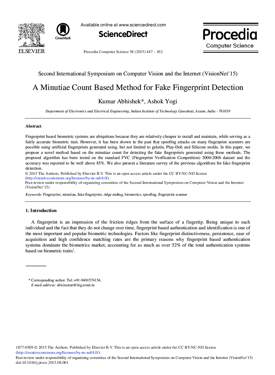 A Minutiae Count Based Method for Fake Fingerprint Detection 