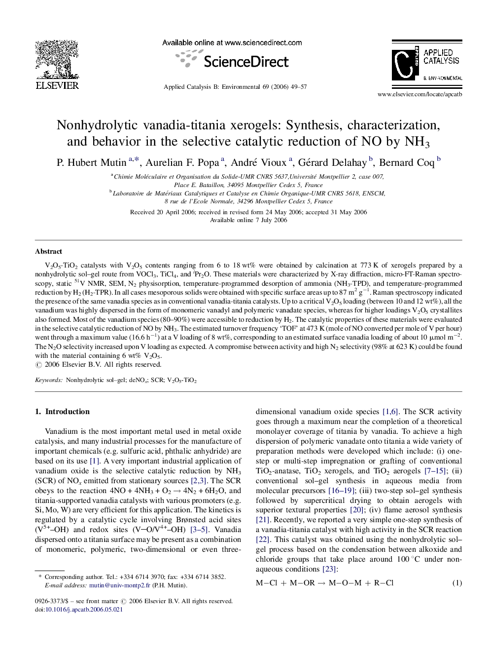 Nonhydrolytic vanadia-titania xerogels: Synthesis, characterization, and behavior in the selective catalytic reduction of NO by NH3