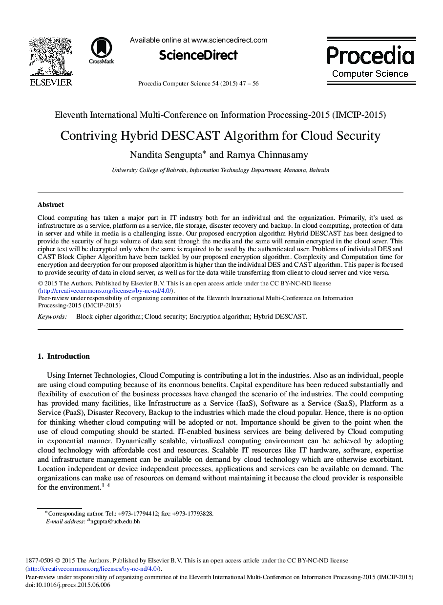 Contriving Hybrid DESCAST Algorithm for Cloud Security 