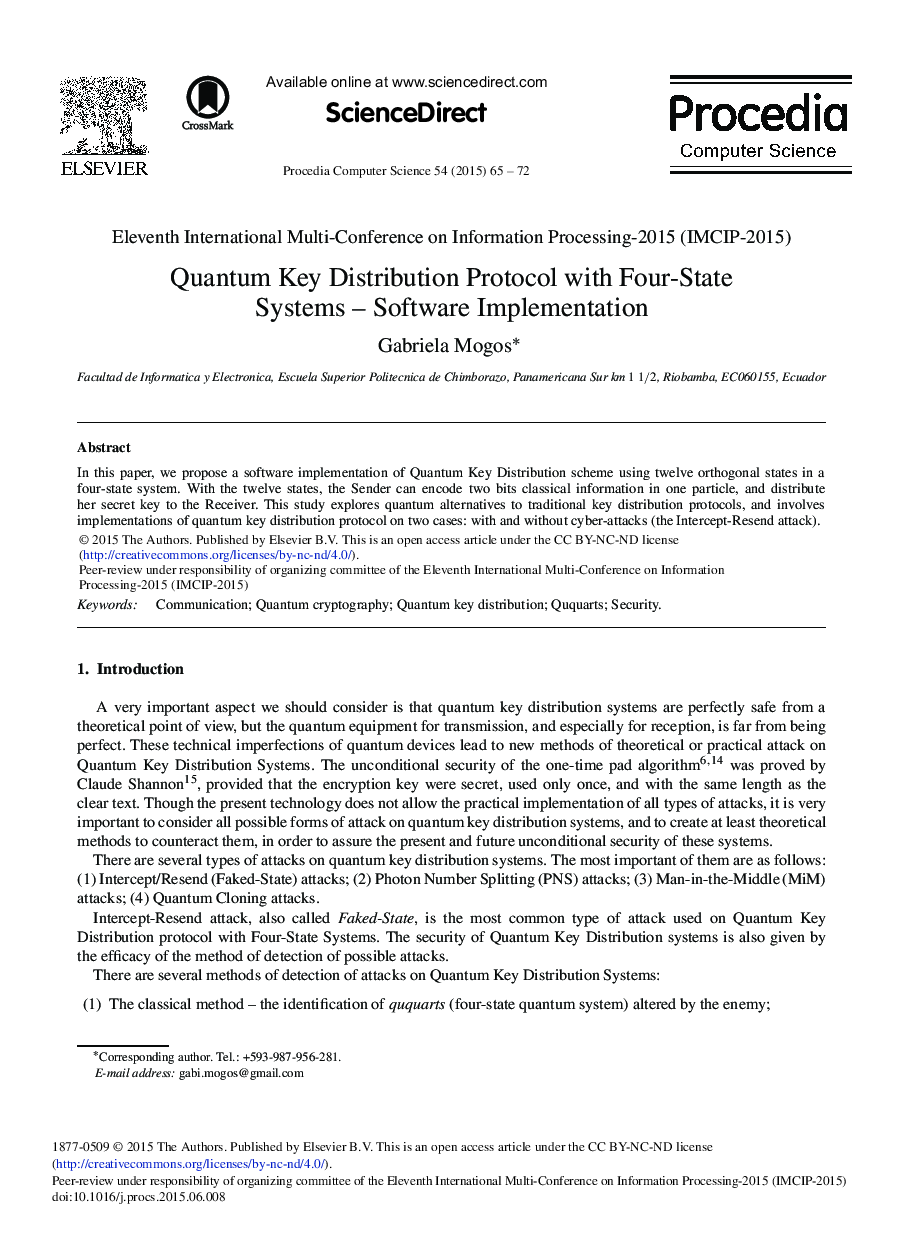 Quantum Key Distribution Protocol with Four-State Systems – Software Implementation 