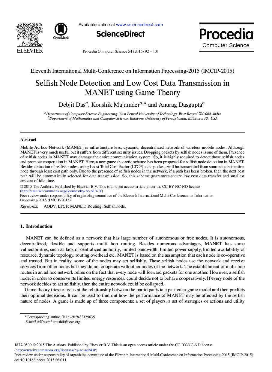 Selfish Node Detection and Low Cost Data Transmission in MANET using Game Theory 