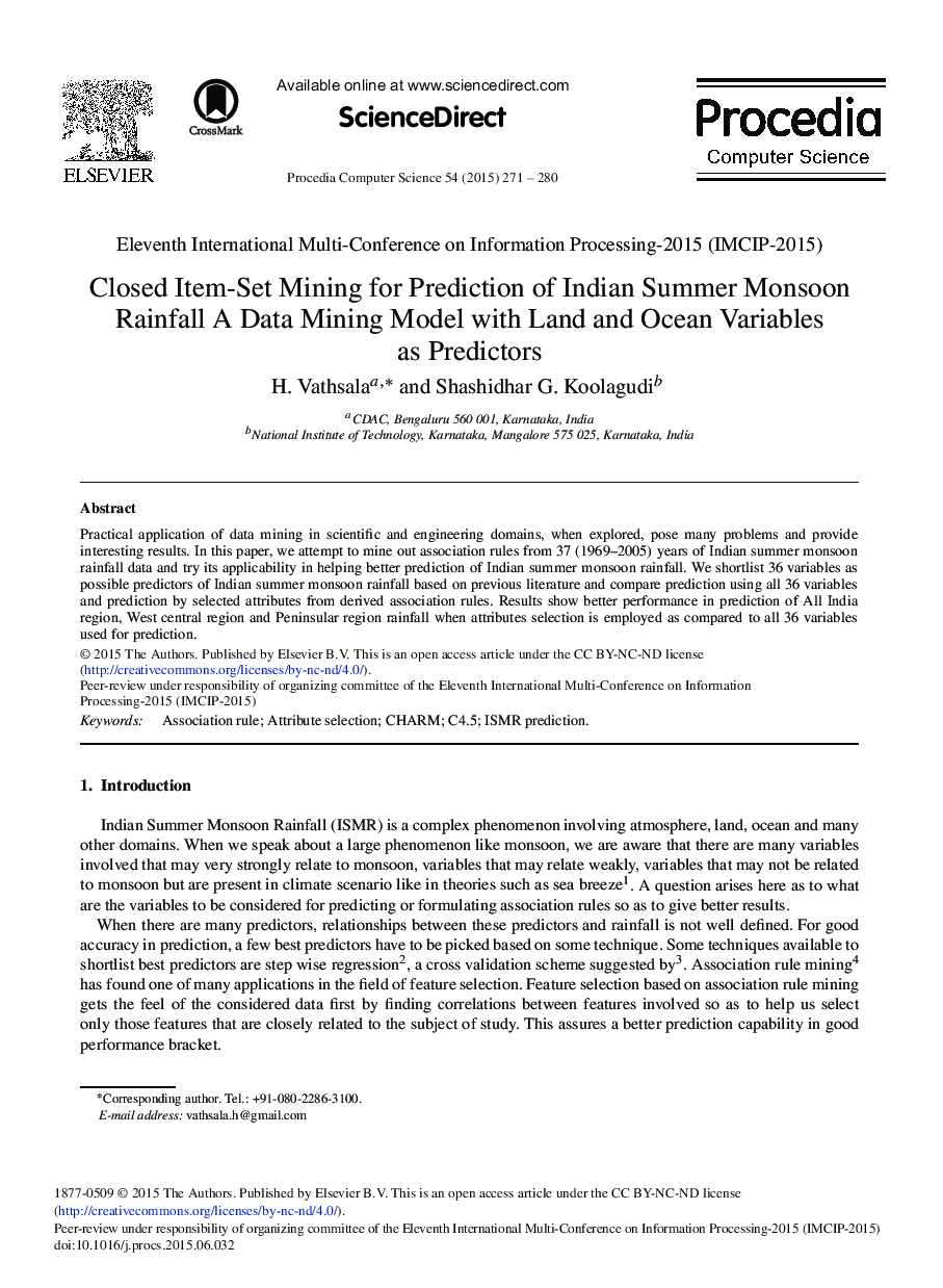 Closed Item-Set Mining for Prediction of Indian Summer Monsoon Rainfall A Data Mining Model with Land and Ocean Variables as Predictors 