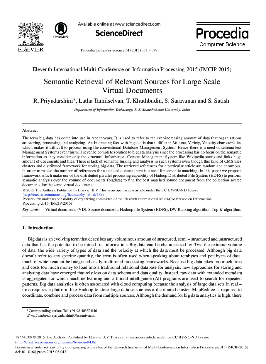 Semantic Retrieval of Relevant Sources for Large Scale Virtual Documents 