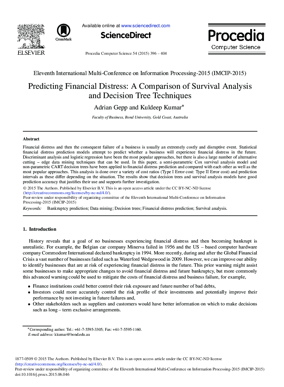 Predicting Financial Distress: A Comparison of Survival Analysis and Decision Tree Techniques 