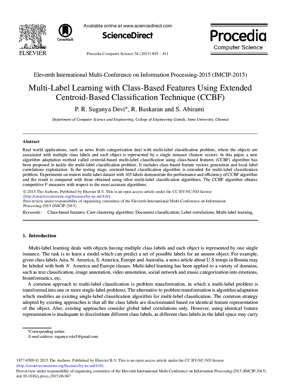 Multi-Label Learning with Class-Based Features Using Extended Centroid-Based Classification Technique (CCBF) 