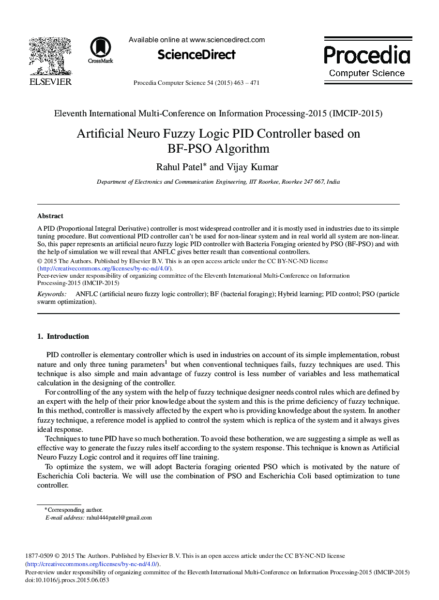 Artificial Neuro Fuzzy Logic PID Controller based on BF-PSO Algorithm 