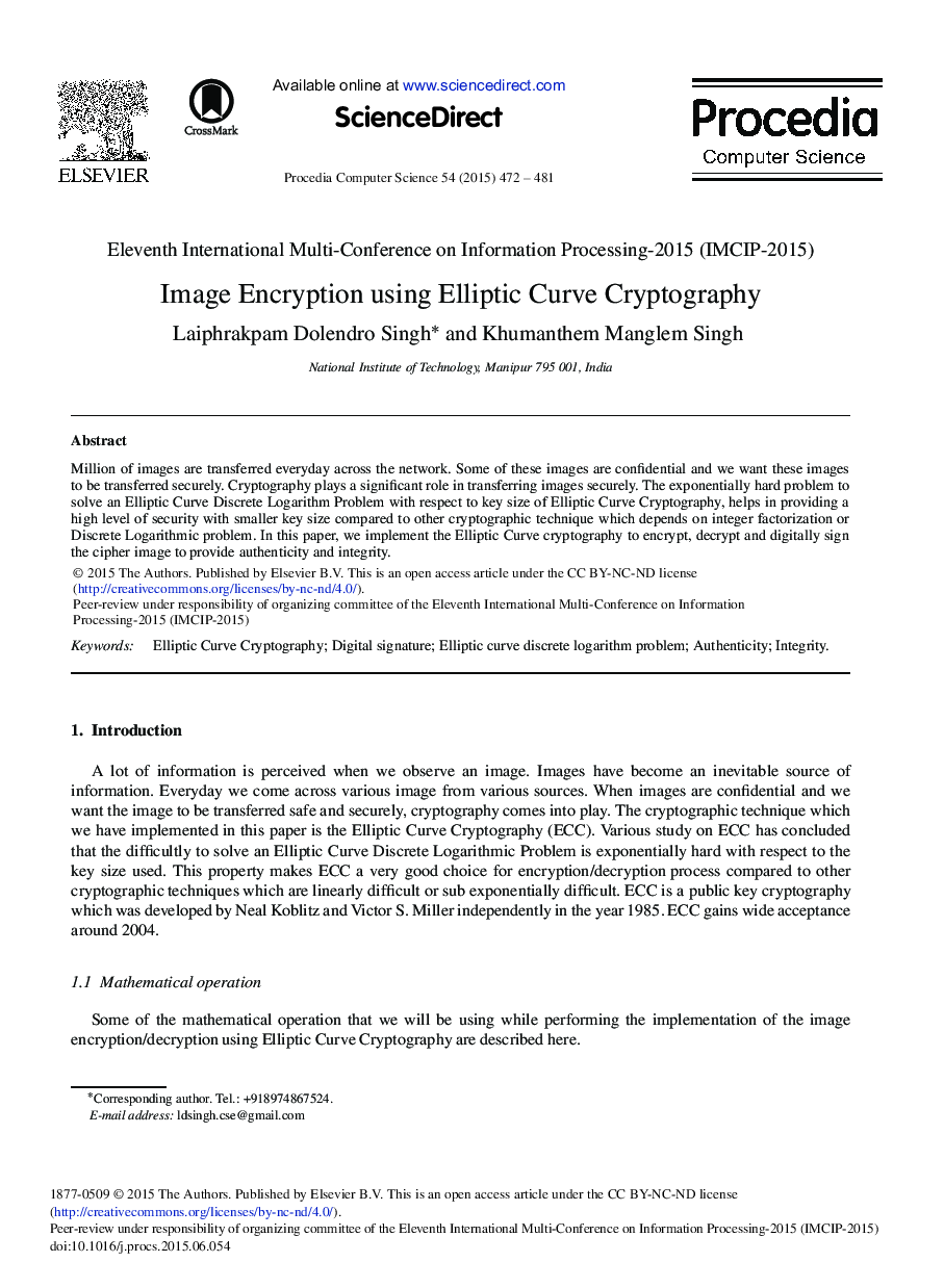 Image Encryption using Elliptic Curve Cryptography 