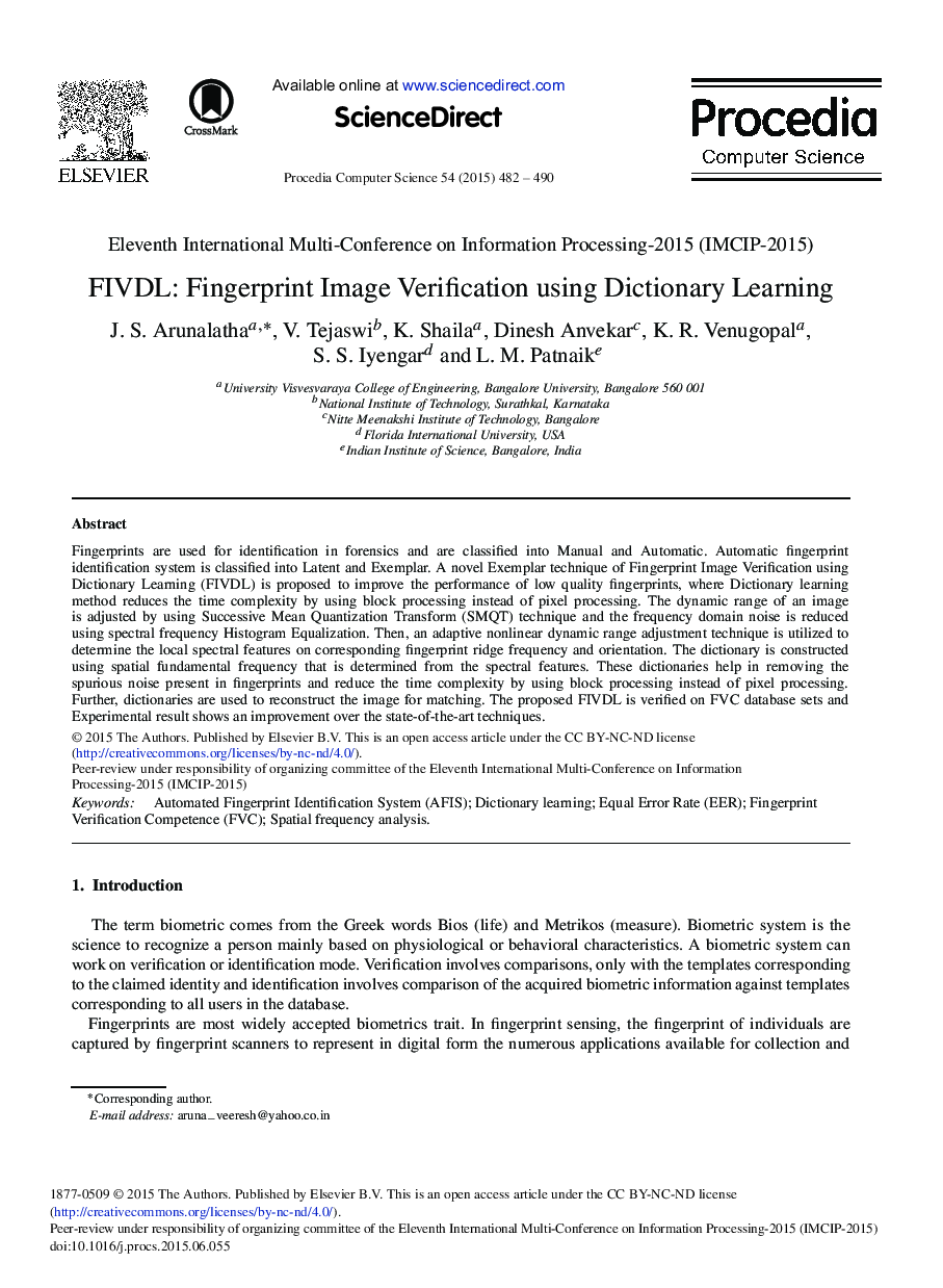 FIVDL: Fingerprint Image Verification using Dictionary Learning 