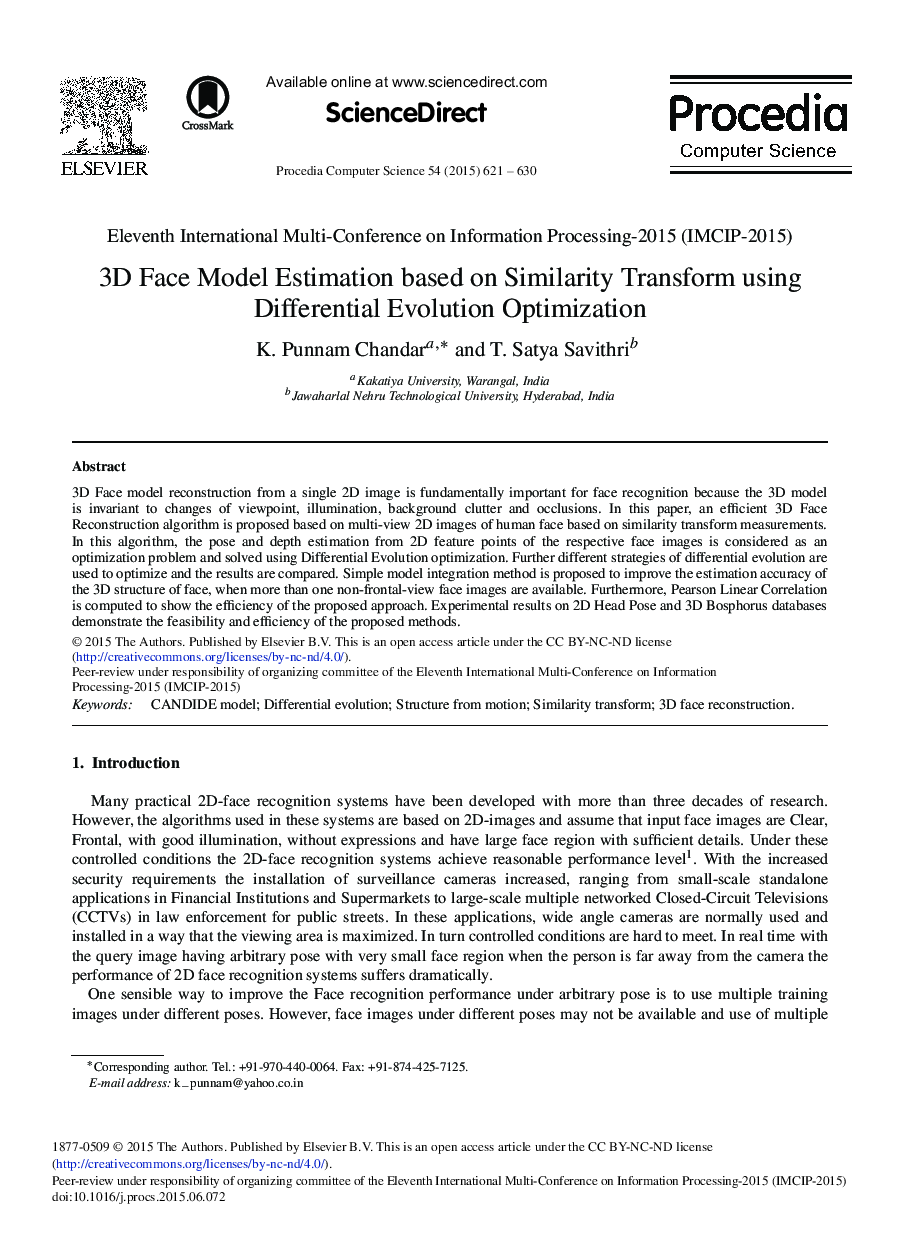 3D Face Model Estimation based on Similarity Transform using Differential Evolution Optimization 