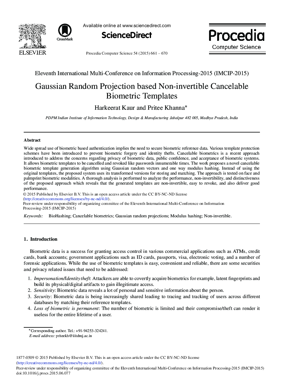 Gaussian Random Projection Based Non-invertible Cancelable Biometric Templates 