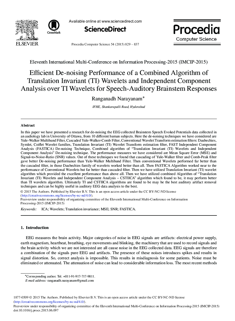 Efficient De-noising Performance of a Combined Algorithm of Translation Invariant (TI) Wavelets and Independent Component Analysis over TI Wavelets for Speech-Auditory Brainstem Responses 