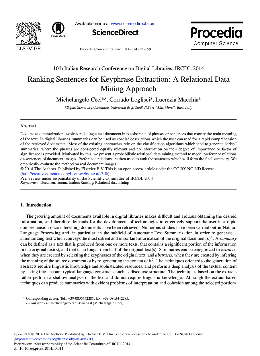 Ranking Sentences for Keyphrase Extraction: A Relational Data Mining Approach 