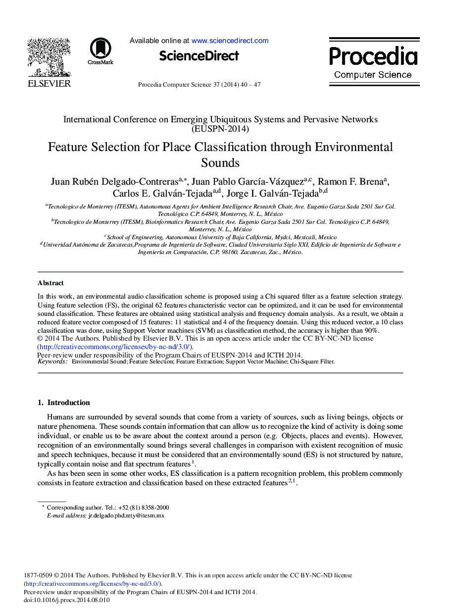 Feature Selection for Place Classification through Environmental Sounds 