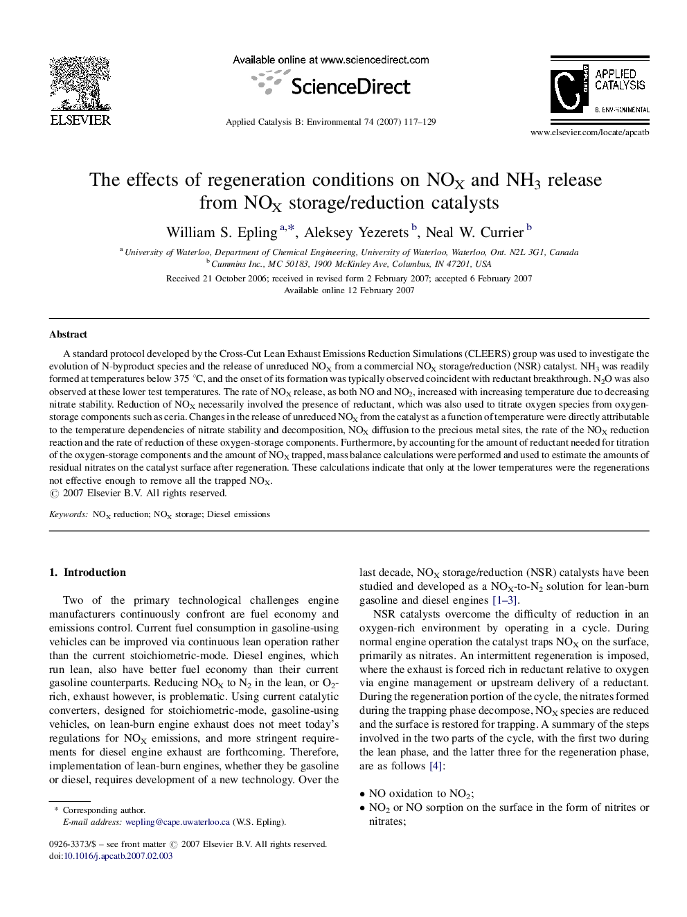 The effects of regeneration conditions on NOX and NH3 release from NOX storage/reduction catalysts