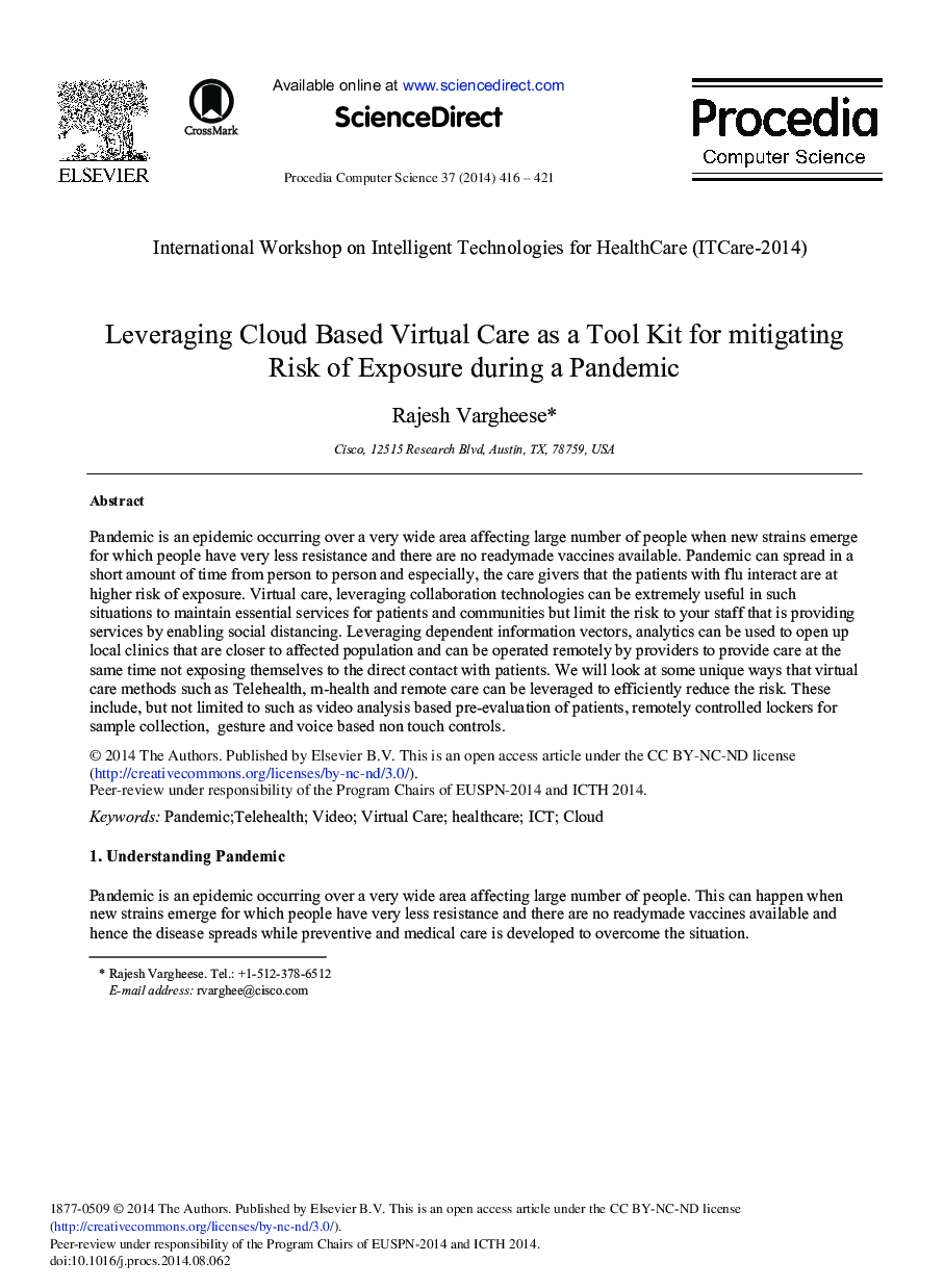 Leveraging Cloud based Virtual Care as a Tool Kit for Mitigating Risk of Exposure during a Pandemic 