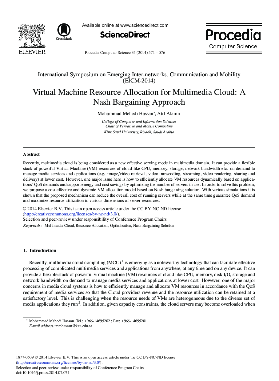 Virtual Machine Resource Allocation for Multimedia Cloud: A Nash Bargaining Approach 