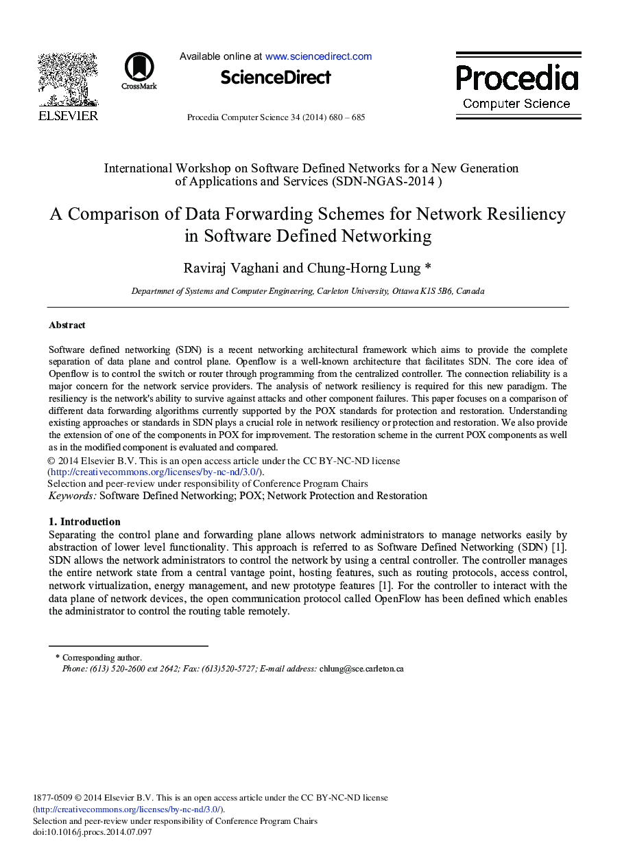 A Comparison of Data Forwarding Schemes for Network Resiliency in Software Defined Networking 