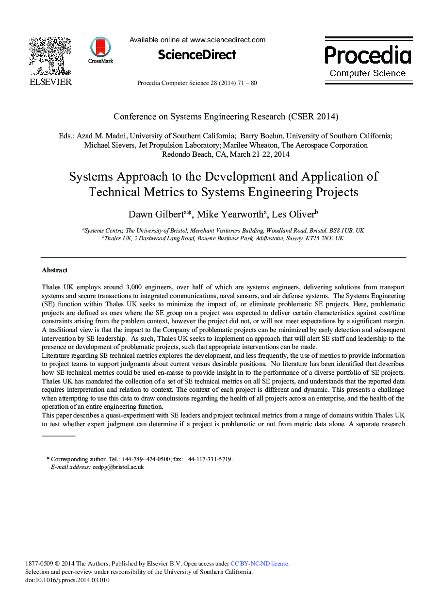 Systems Approach to the Development and Application of Technical Metrics to Systems Engineering Projects 