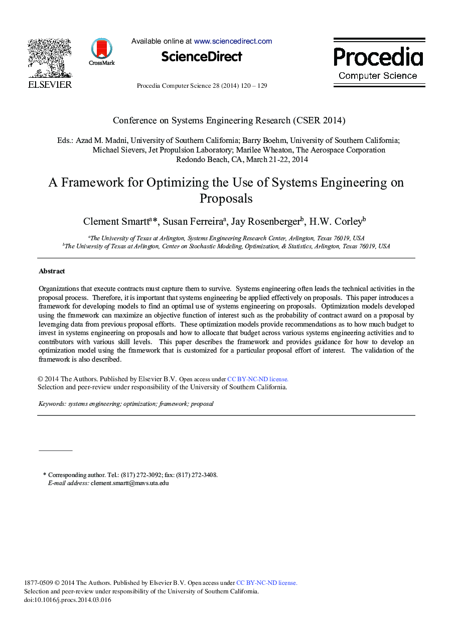 A Framework for Optimizing the Use of Systems Engineering on Proposals 