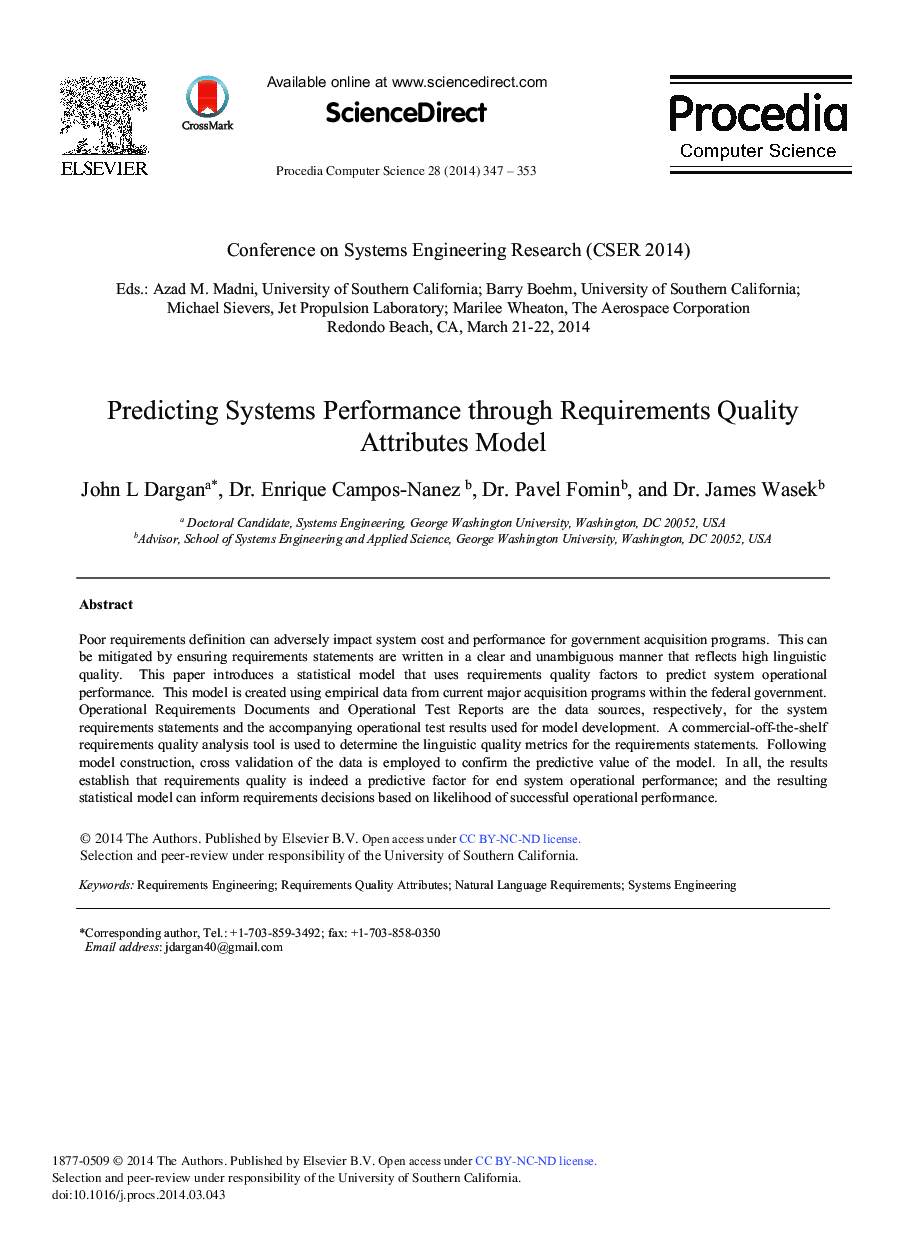 Predicting Systems Performance through Requirements Quality Attributes Model 