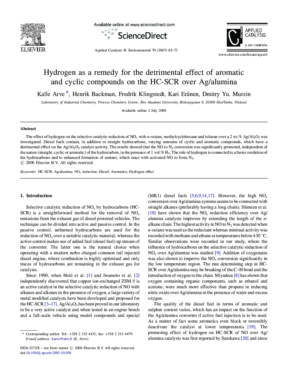 Hydrogen as a remedy for the detrimental effect of aromatic and cyclic compounds on the HC-SCR over Ag/alumina