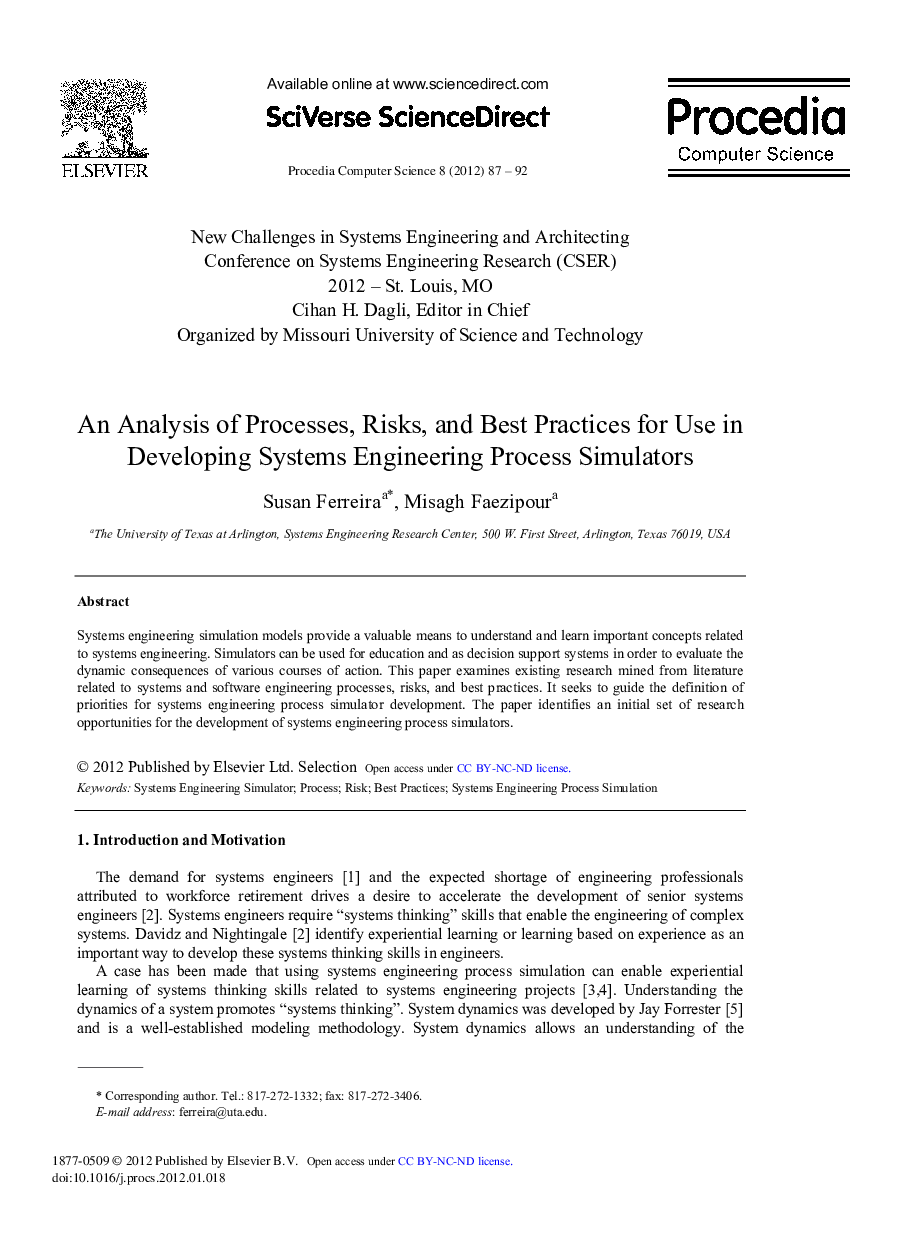 An Analysis of Processes, Risks, and Best Practices for Use in Developing Systems Engineering Process Simulators