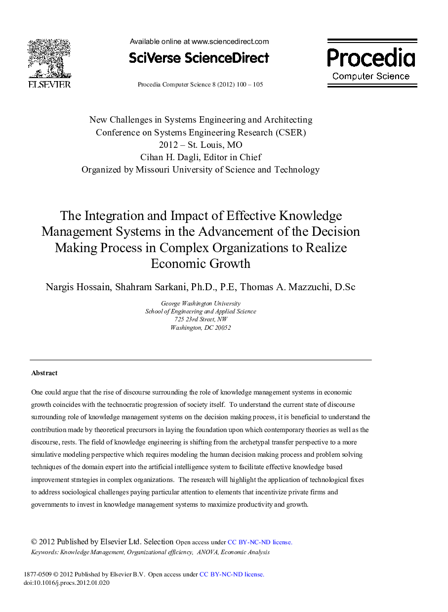 The Integration and Impact of Effective Knowledge Management Systems in the Advancement of the Decision Making Process in Complex Organizations to Realize Economic Growth