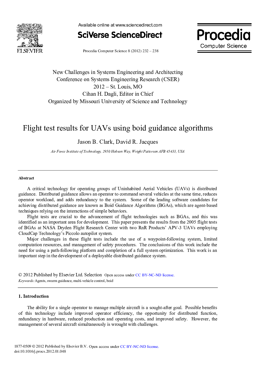 Flight test results for UAVs using boid guidance algorithms