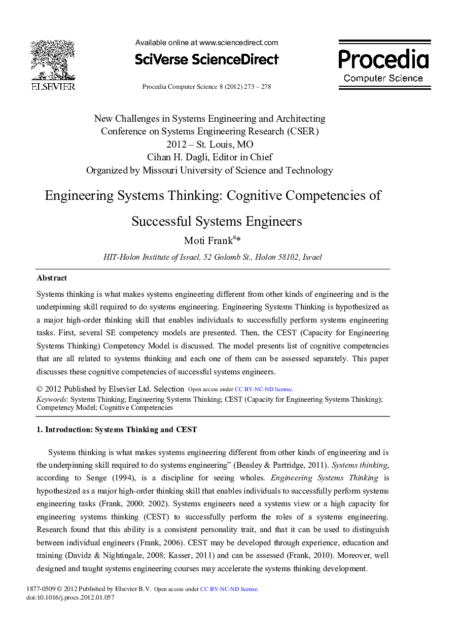 Engineering Systems Thinking: Cognitive Competencies of Successful Systems Engineers