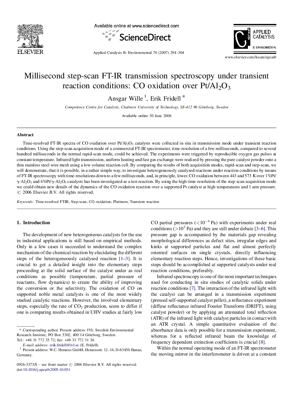 Millisecond step-scan FT-IR transmission spectroscopy under transient reaction conditions: CO oxidation over Pt/Al2O3