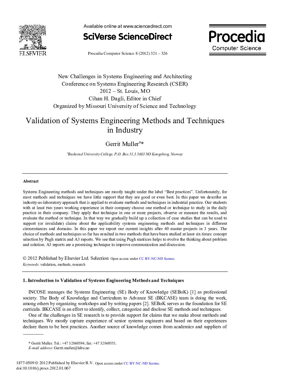 Validation of Systems Engineering Methods and Techniques in Industry