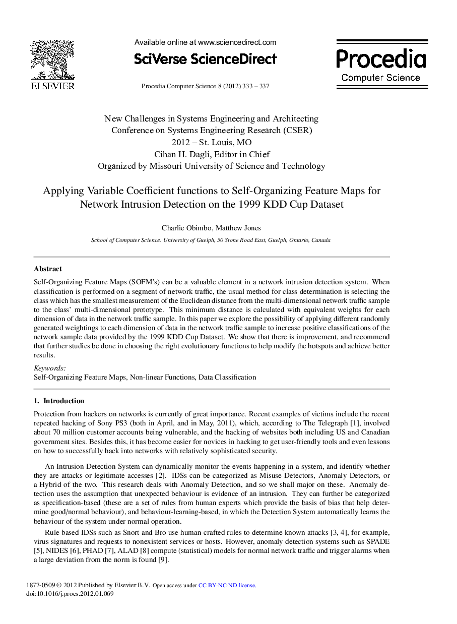 Applying Variable Coe_cient functions to Self-Organizing Feature Maps for Network Intrusion Detection on the 1999 KDD Cup Dataset