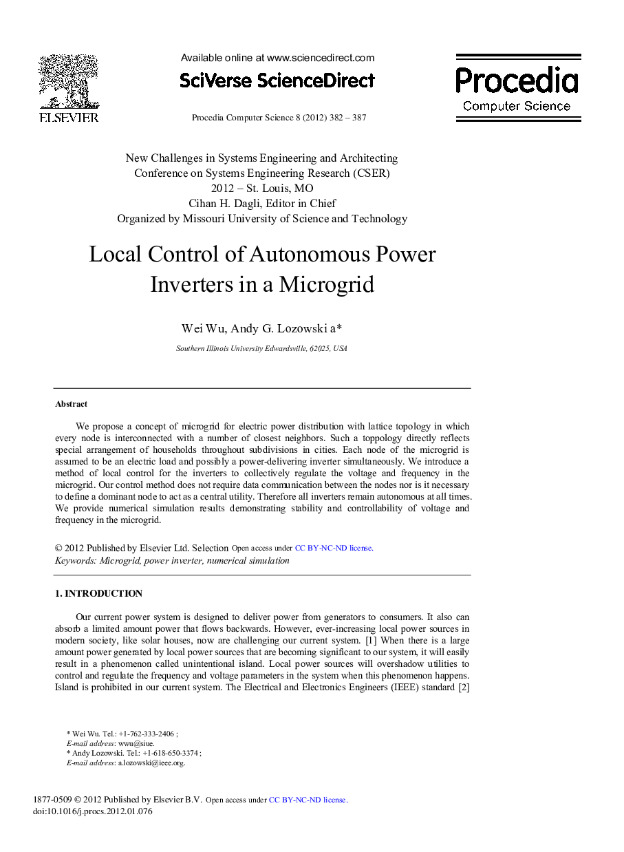 Local Control of Autonomous Power Inverters in a Microgrid