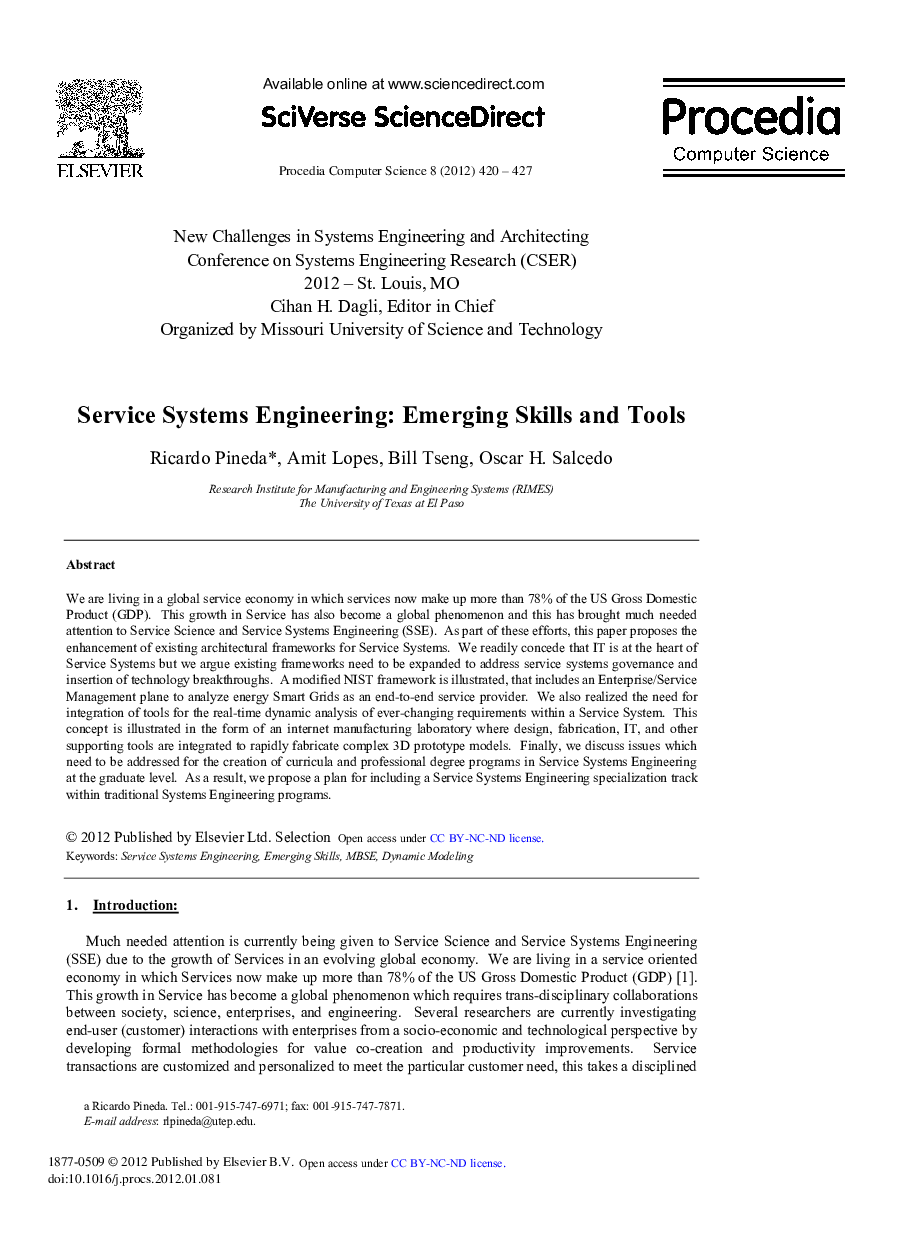 Service Systems Engineering: Emerging Skills and Tools