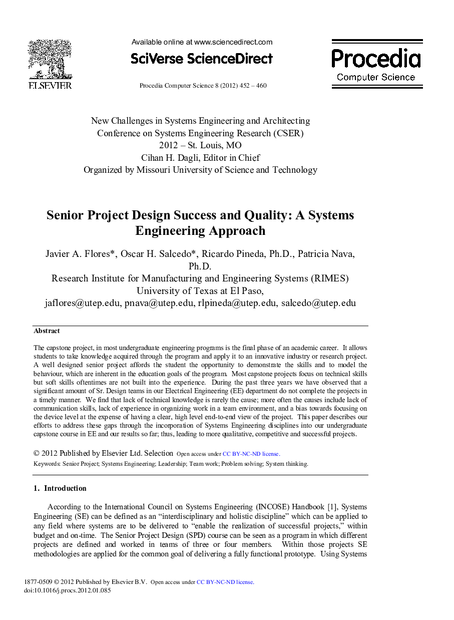 Senior Project Design Success and Quality: A Systems Engineering Approach
