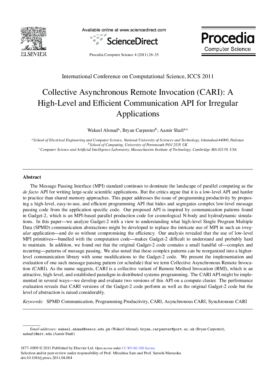 Collective Asynchronous Remote Invocation (CARI): A High-Level and Effcient Communication API for Irregular Applications