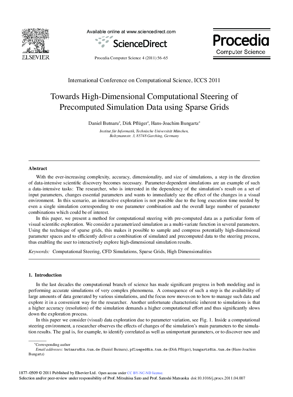 Towards High-Dimensional Computational Steering of Precomputed Simulation Data using Sparse Grids