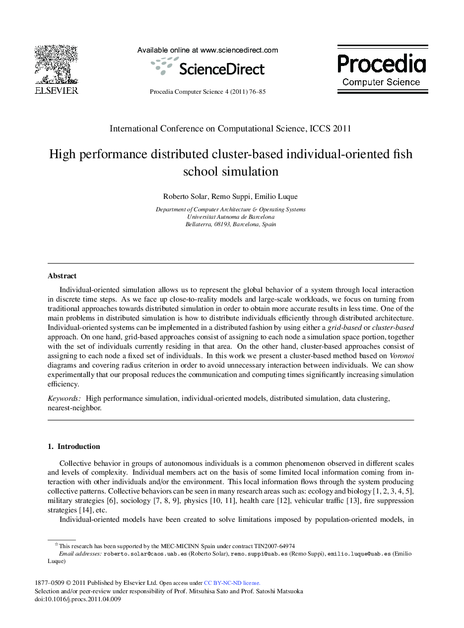 High performance distributed cluster-based individual-oriented fish school simulation