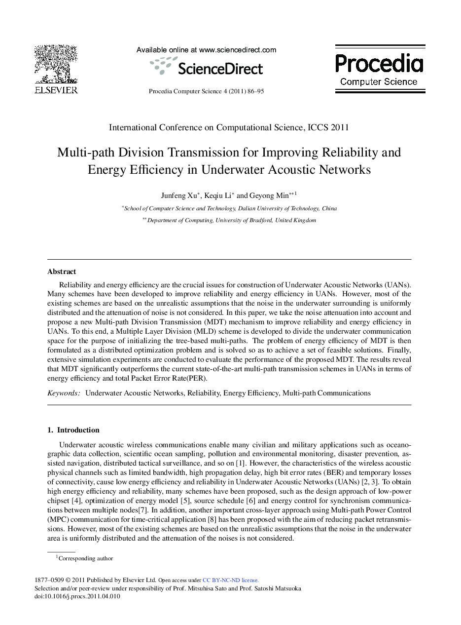 Multi-path Division Transmission for Improving Reliability and Energy Effciency in Underwater Acoustic Networks