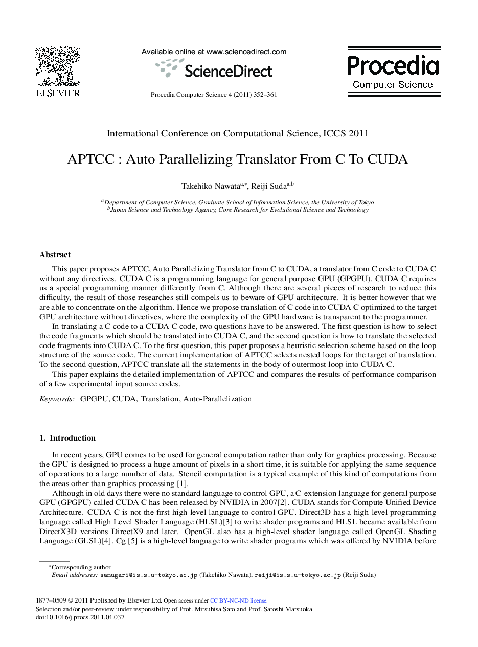 APTCC: Auto Parallelizing Translator From C To CUDA