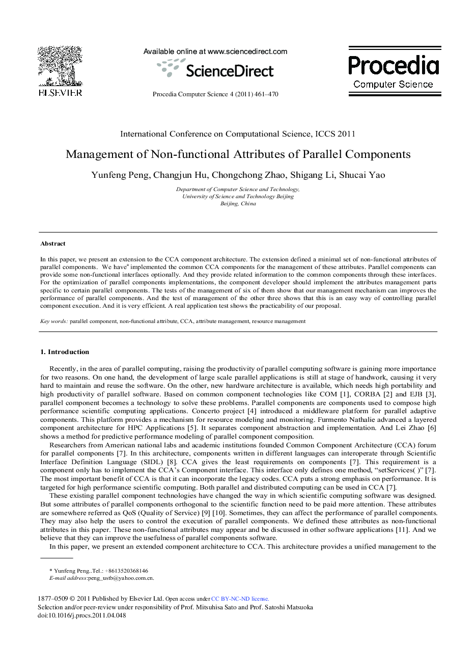 Management of Non-functional Attributes of Parallel Components