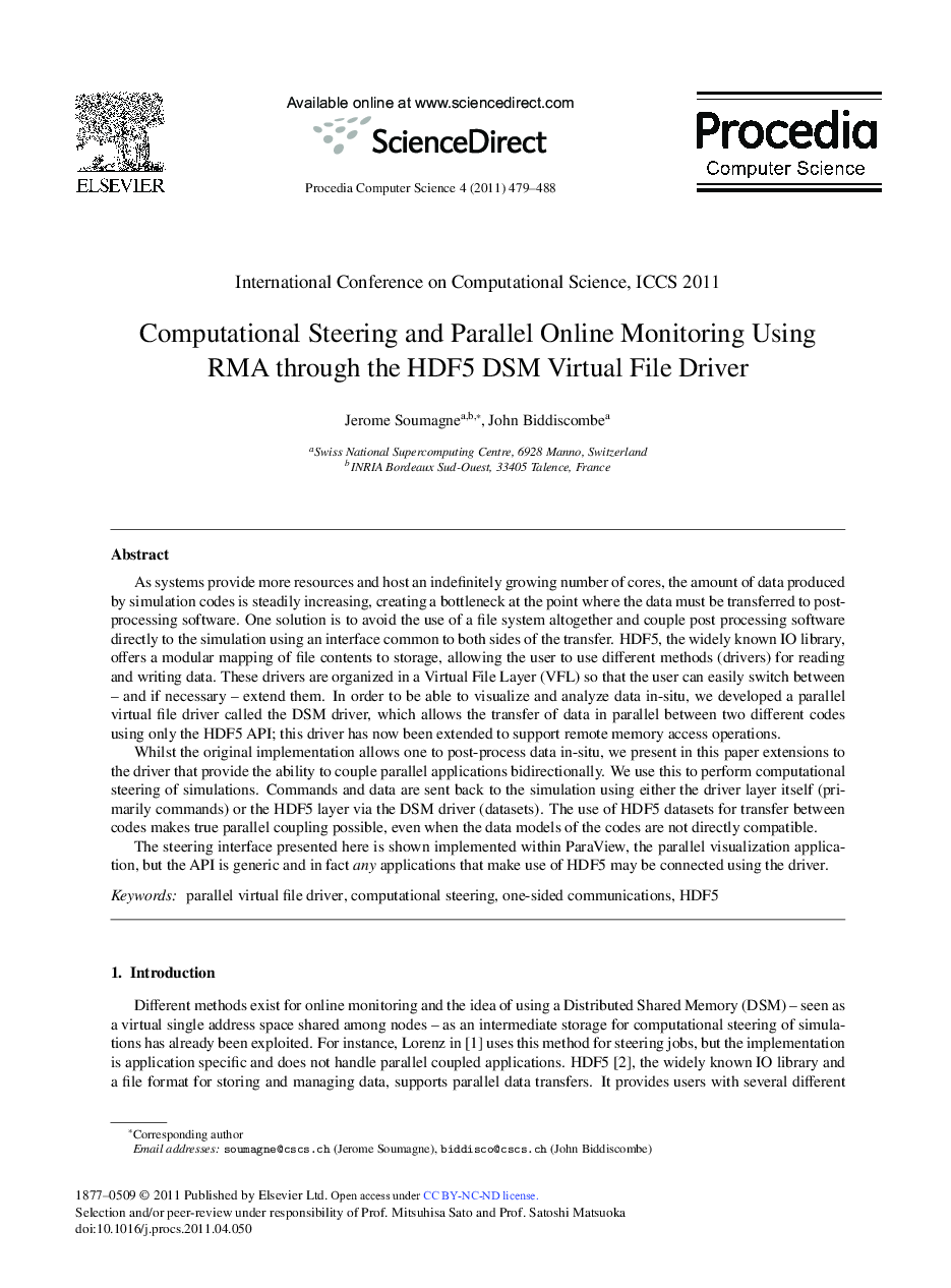 Computational Steering and Parallel Online Monitoring Using RMA through the HDF5 DSM Virtual File Driver