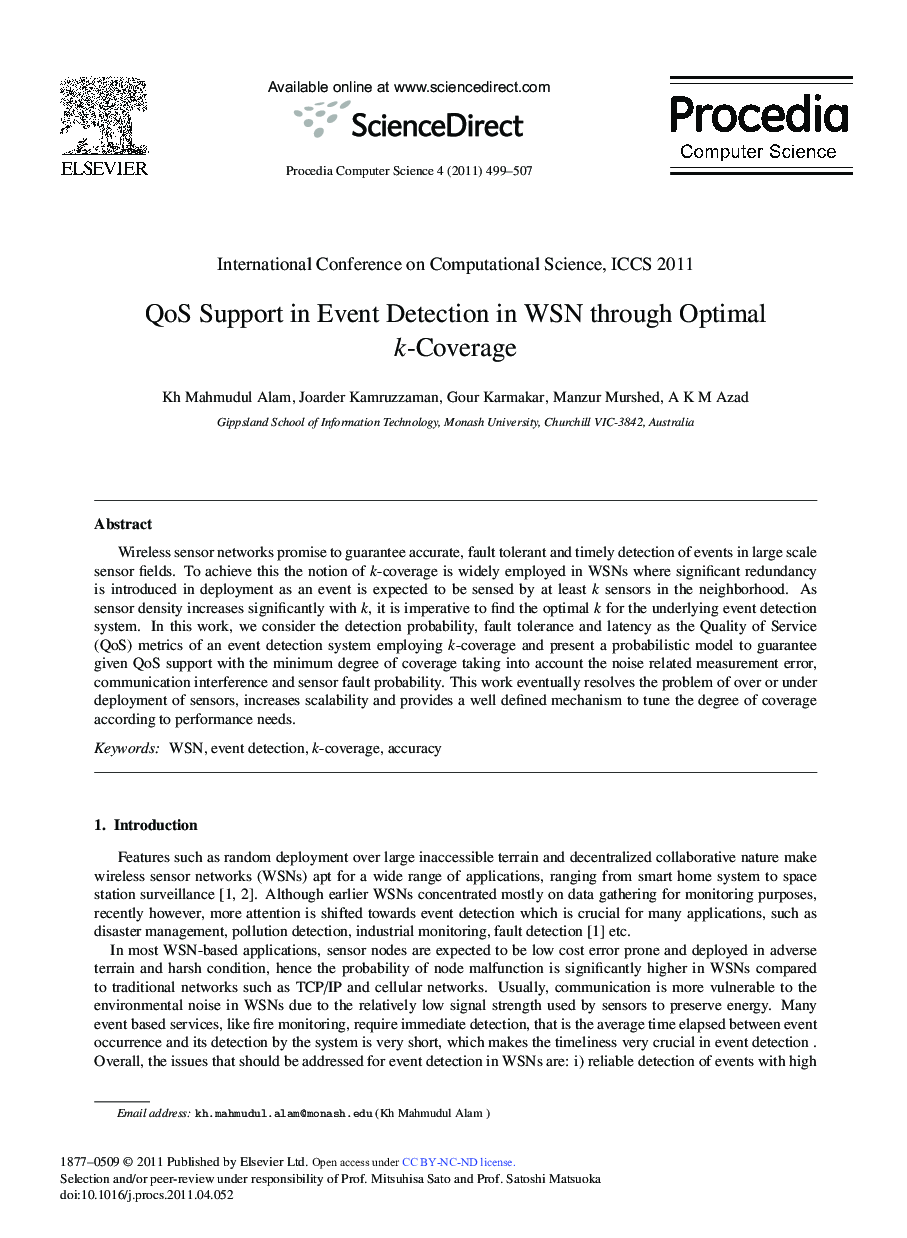 QoS Support in Event Detection in WSN through Optimal k-Coverage