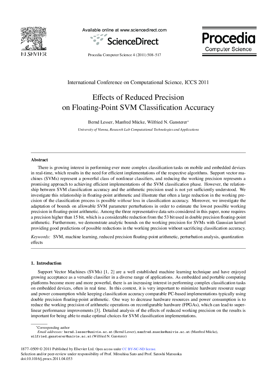 Effects of Reduced Precision on Floating-Point SVM Classification Accuracy
