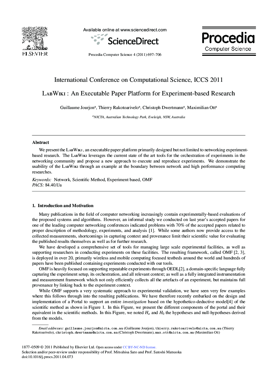 International Conference on Computational Science, ICCS 2011 LabWiki: An Executable Paper Platform for Experiment-based Research