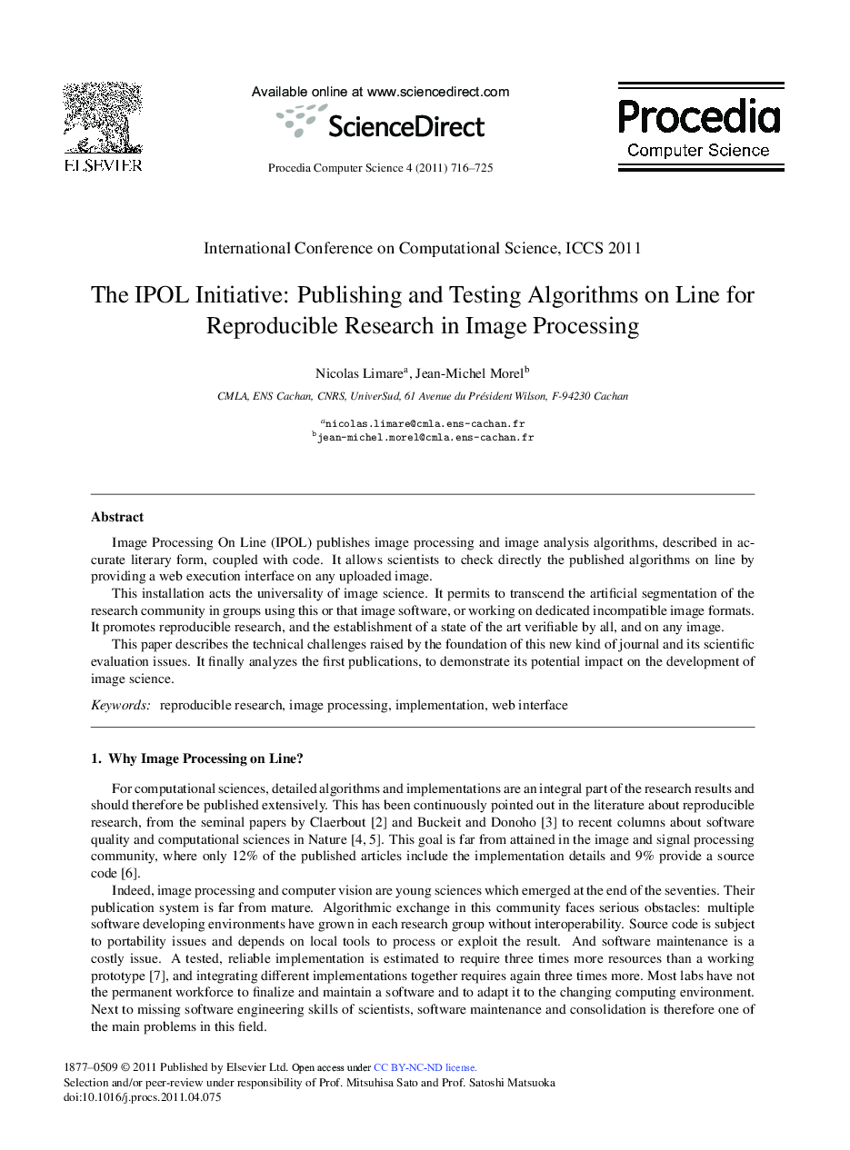 The IPOL Initiative: Publishing and Testing Algorithms on Line for Reproducible Research in Image Processing 